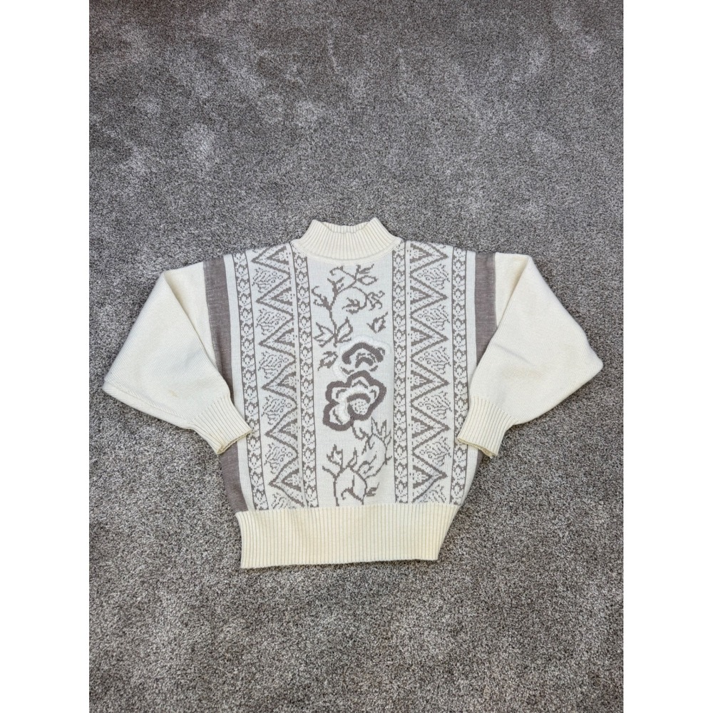 Vintage BHS Floral Knit‎ Sweater Cream Taupe Mock Neck Wool Blend Size 12 UK